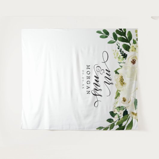Witte Rozen Mr. & Mrs Bruiloft Achtergrond Banner Wandkleed (Voorkant (horizontaal))
