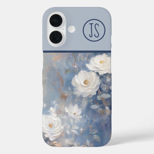 Witte rozen op blauwe achtergrond Monogrammed Case-Mate iPhone Case (Achterkant)