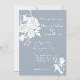 Witte Rozen op Dusty Blue Wedding Invitation Kaart
