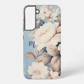 Witte Rozen op Rustieke Blauwe Achtergrond w/Monog Samsung Galaxy Hoesje (Achterkant)