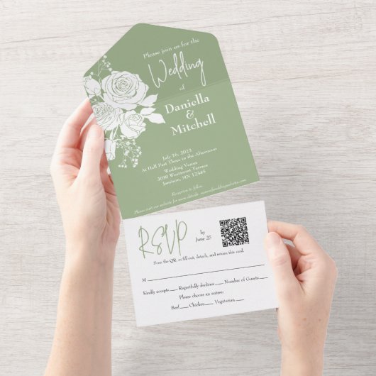 Witte rozen op 'Sage All in One Wedding Invite' Uitnodiging (Afscheurbaar)