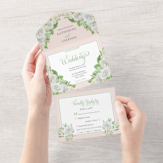 Witte rozen | Orchids Boho Floral Wedding All In One Uitnodiging (Afscheurbaar)