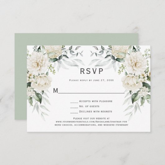 Witte rozen, pioenen Eucalyptus RSVP Kaart (Voorkant / Achterkant)