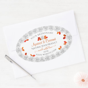 witte rozen Productlabels Oranje bladeren Ovale Sticker