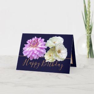 Witte Rozen & Roze Dahlia Bloemen Boeket Verjaarda Kaart