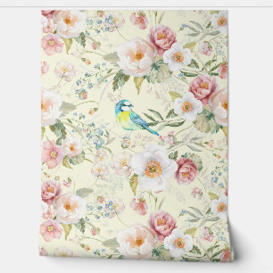 Witte Rozen Roze Pioenrozen Blauwe Bloemvogel op C Behang