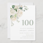 Witte Rozen & Sage 100ste Verjaardagsfeest Kaart (Voorkant)