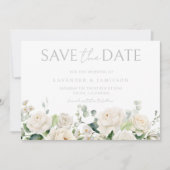 Witte Rozen & Sage Leaf Bruiloft Save The Date (Voorkant)