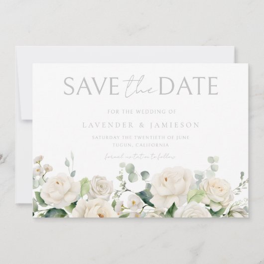 Witte Rozen & Sage Leaf Bruiloft Save The Date (Voorkant)