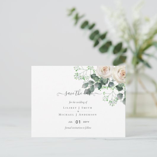 Witte Rozen Salie Eucalyptus Trouw Datum Bewaren Briefkaart (Staand voorkant)