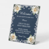 Witte Rozen Sneeuwvlok Kerst Veiligheidsmaatregele Reclamebord Met Voetstuk (Voorkant)