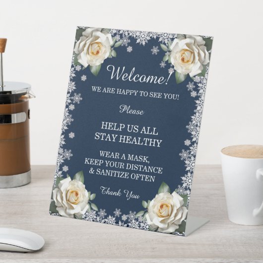 Witte Rozen Sneeuwvlok Kerst Veiligheidsmaatregele Reclamebord Met Voetstuk (Insitu)
