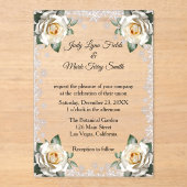 Witte Rozen Sneeuwvlok Kerstbruiloft Acryl Uitnodigingen (Voorkant)