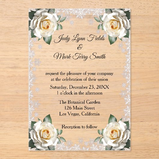 Witte Rozen Sneeuwvlok Kerstbruiloft Acryl Uitnodigingen (Voorkant)