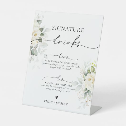 Witte Rozen Vrijgezellenfeest Signature Drinken Te Reclamebord Met Voetstuk (Voorkant)