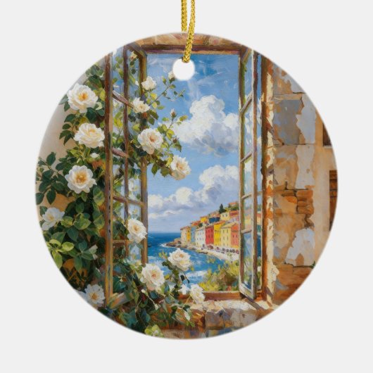 Witte Rozen Zeezicht Ornament (Voorkant)
