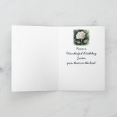 witte rozenbloem voor de verjaardag van zuster kaart (Binnen)