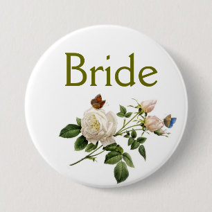 witte rozenbloemen, bruin of bruin ronde button 7,6 cm