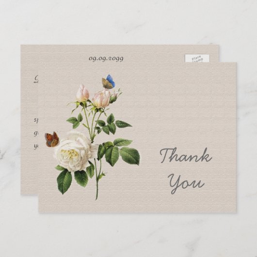 witte rozenbloemen dank u briefkaart (Voorkant / Achterkant)