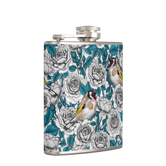 Witte rozenbloemen en goudvinken heupfles (Rechts)