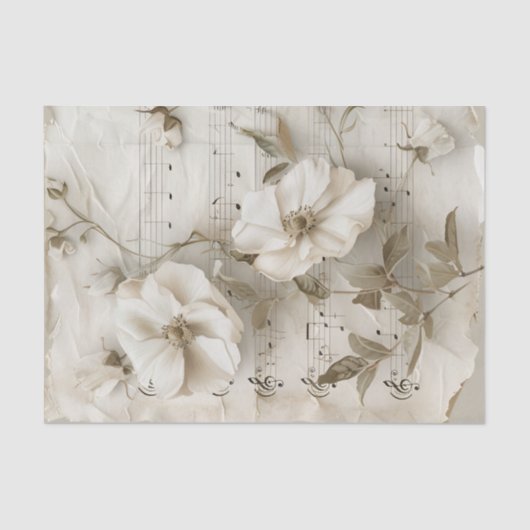 Witte rozenbloemen muziekblad ephemera tissuepapier (Voorkant)