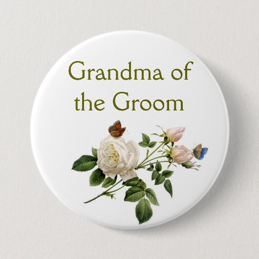 witte rozenbloemen oma van de groom ronde button 7,6 cm (Voorkant)