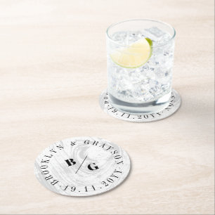 Witte rustieke houtnerf textuur chique winter brui ronde kartonnen onderzetter