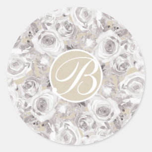 Witte Rustieke Winterrozen Monogram Letter Initiaa Ronde Sticker