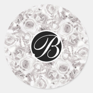 Witte Rustieke Winterrozen Monogram Letter Initiaa Ronde Sticker