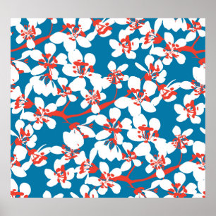 Witte sakura, klassiek blauw achtergrondpatroon. poster