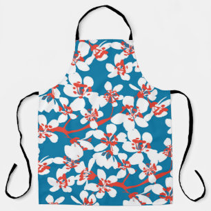 Witte sakura, klassiek blauw achtergrondpatroon. schort