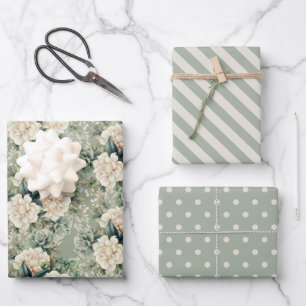 Witte Salie Groene Bloemrijke Gestreepte Stippen Inpakpapier Vel