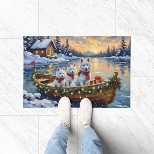 Witte Samoyed Kerstboot Vakantie Deurmat (Binnen)