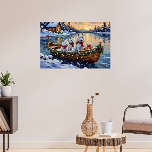 Witte Samoyed Kerstboot Vakantie Poster (Woonkamer 3)