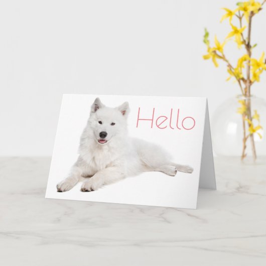 Witte Samoyed Puppy Dog - Hallo, denken aan u Kaart (Gele Bloem)