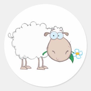 Witte schapenkartoneel die een ventilator eet ronde sticker