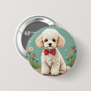 Witte schattige poedel met vlinderdas ronde button 5,7 cm