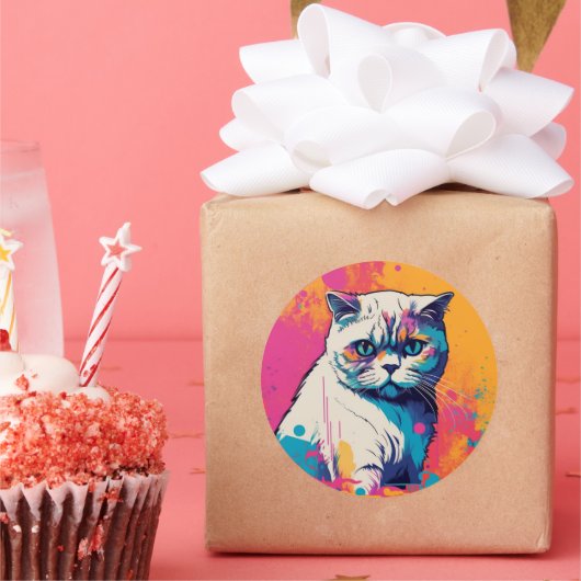 Witte Schattigee kat kleurrijke cirkel Sticker (Feest)