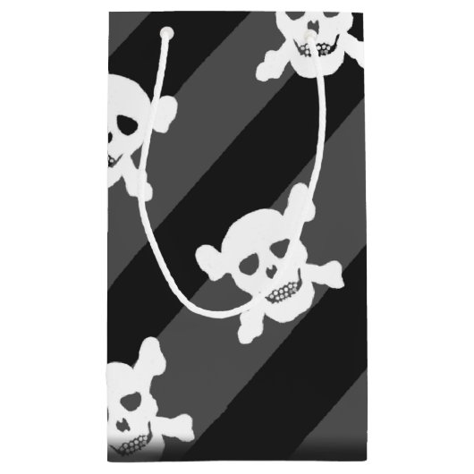Witte schedel en kruisbeenderen op zwarte strepen klein cadeauzakje (Achterkant)