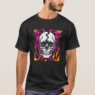 Witte Schedel met Roze en Oranje Vlammen Grafisch T-shirt