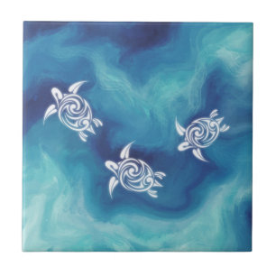 Witte schildpadden in Blue Ocean Ceramic Tile Tegeltje