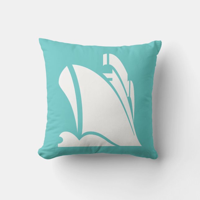 witte schip op turquoise kussen (Voorkant)
