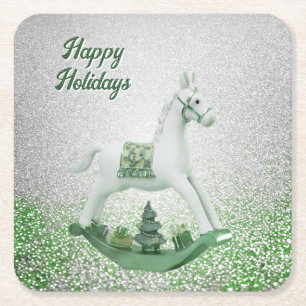 Witte Schommelend Paard Groene Kerst Papier Onderz Vierkante Kartonnen Onderzetter