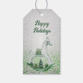 Witte Schommelpaard Groene Kerst Vakantie Cadeaulabel