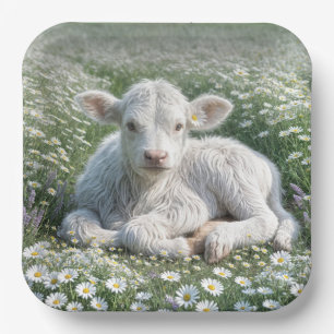 Witte Schotse Hoogland kalf in Daisy Meadow Papieren Bordje