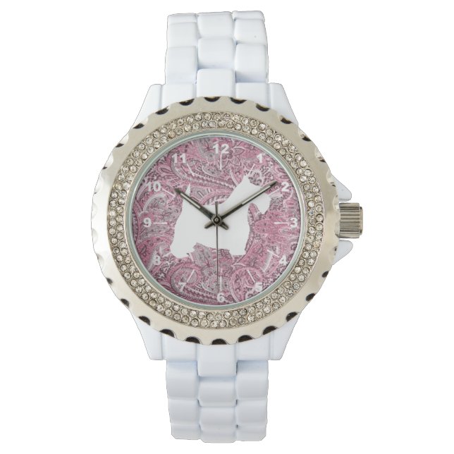 Witte Scottie Roze Paisley Print Horloge (Voorkant)