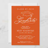 Witte Script en Grad Cap Oranje Afstuderen Aankondiging (Voorkant)