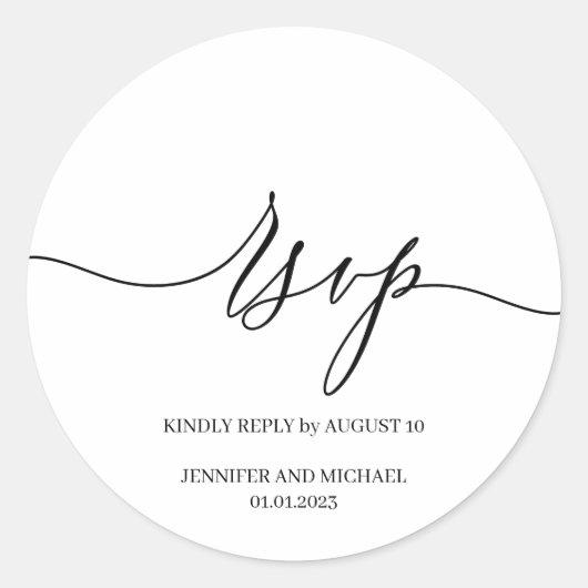 Witte script handtekening Elegante Huwelijks-RSVP Ronde Sticker (Voorkant)