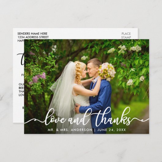 Witte Script Liefde en Dank | Trouwfoto Briefkaart (Voorkant / Achterkant)