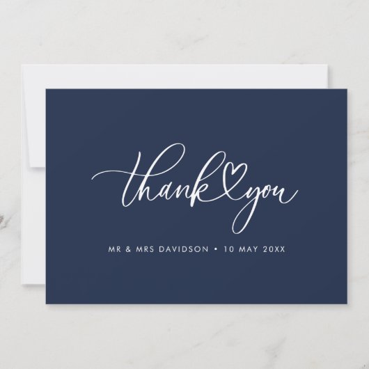 witte script navy blauwe trouw bedankkaart (Voorkant)